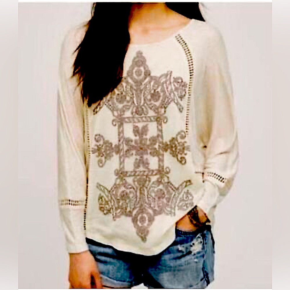 Anthropologie Meadow Rue Saba Embroidered Boho Dolman Top – Ivory Small